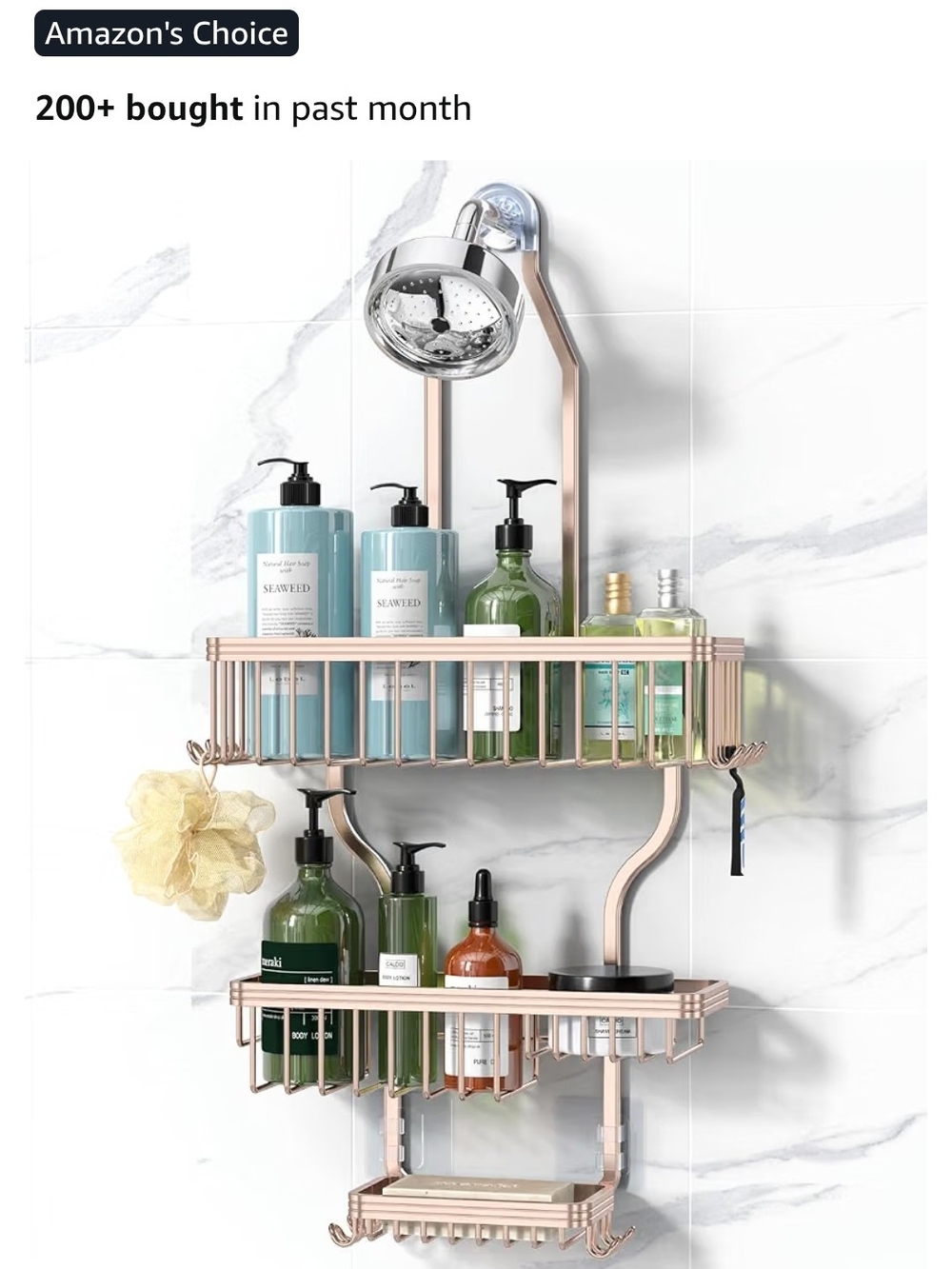 Rose Gold Shower Caddy Shelf Organizer - Wall-Mounted Bathroom Storage